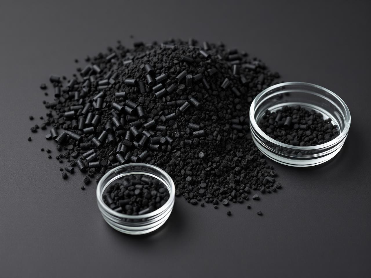 Granular and pelletised activated carbon on a dark studio surface