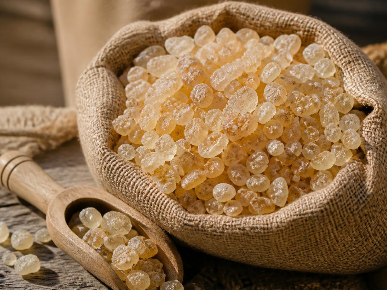 Pale amber gum arabic resin nuggets in a jute sack