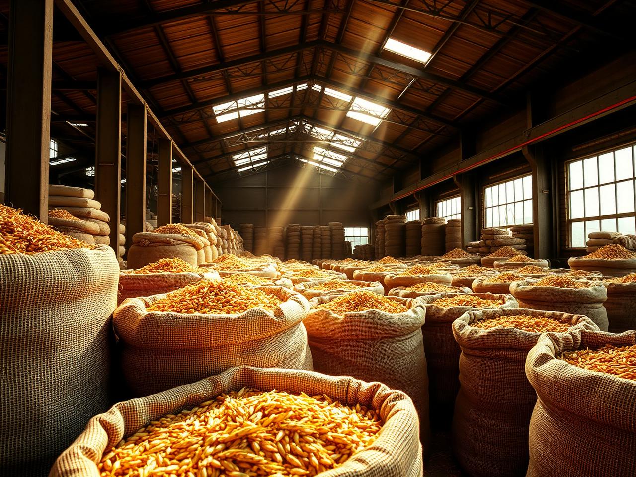 Sacks of harvested agricultural produce stored in a warehouse