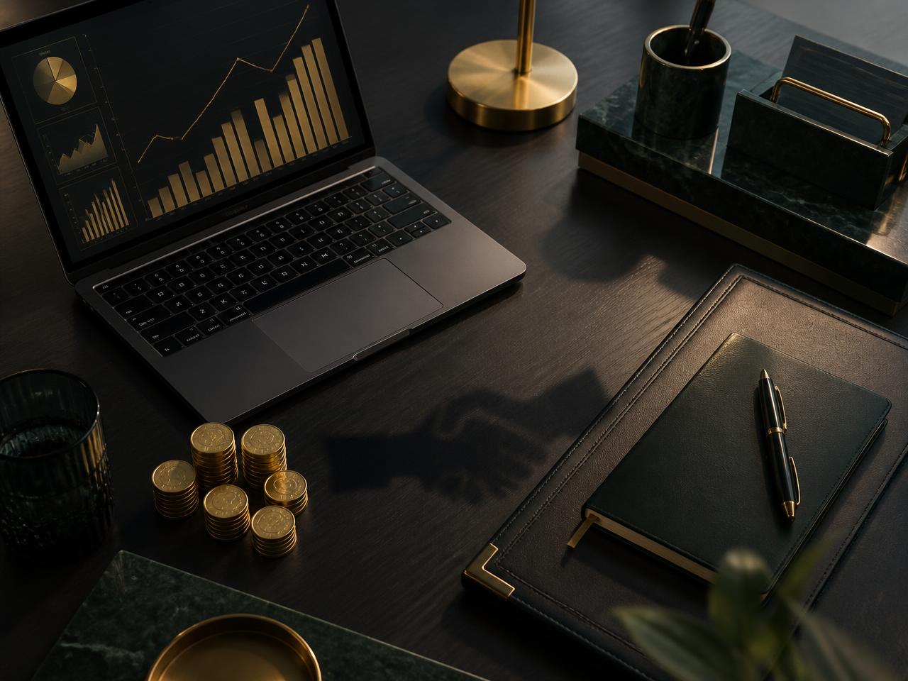 Professional financial services desk with a laptop showing growth charts, a fountain pen and a leather portfolio