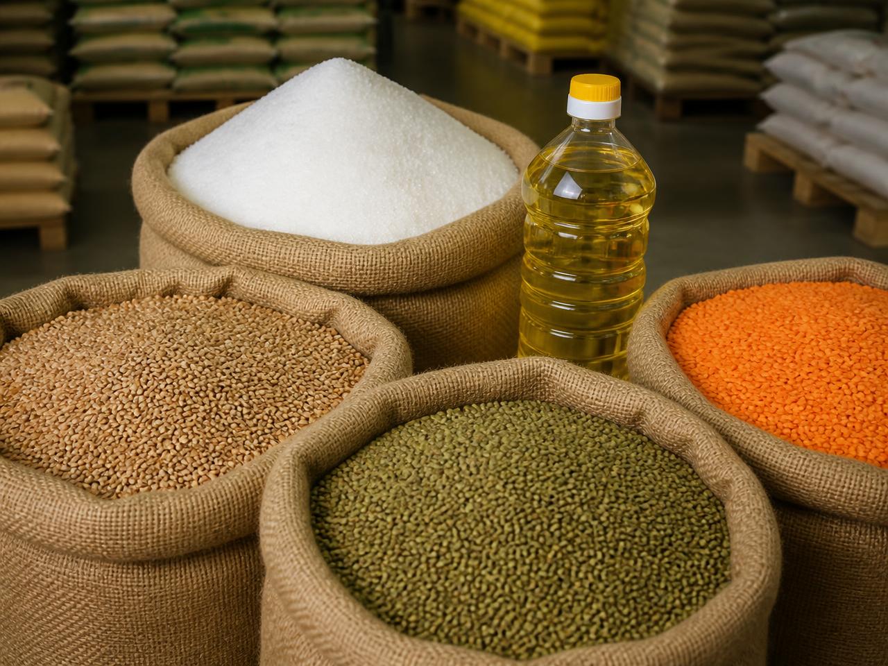 Jute sacks of wheat, sugar and lentils with a bottle of cooking oil in a warehouse