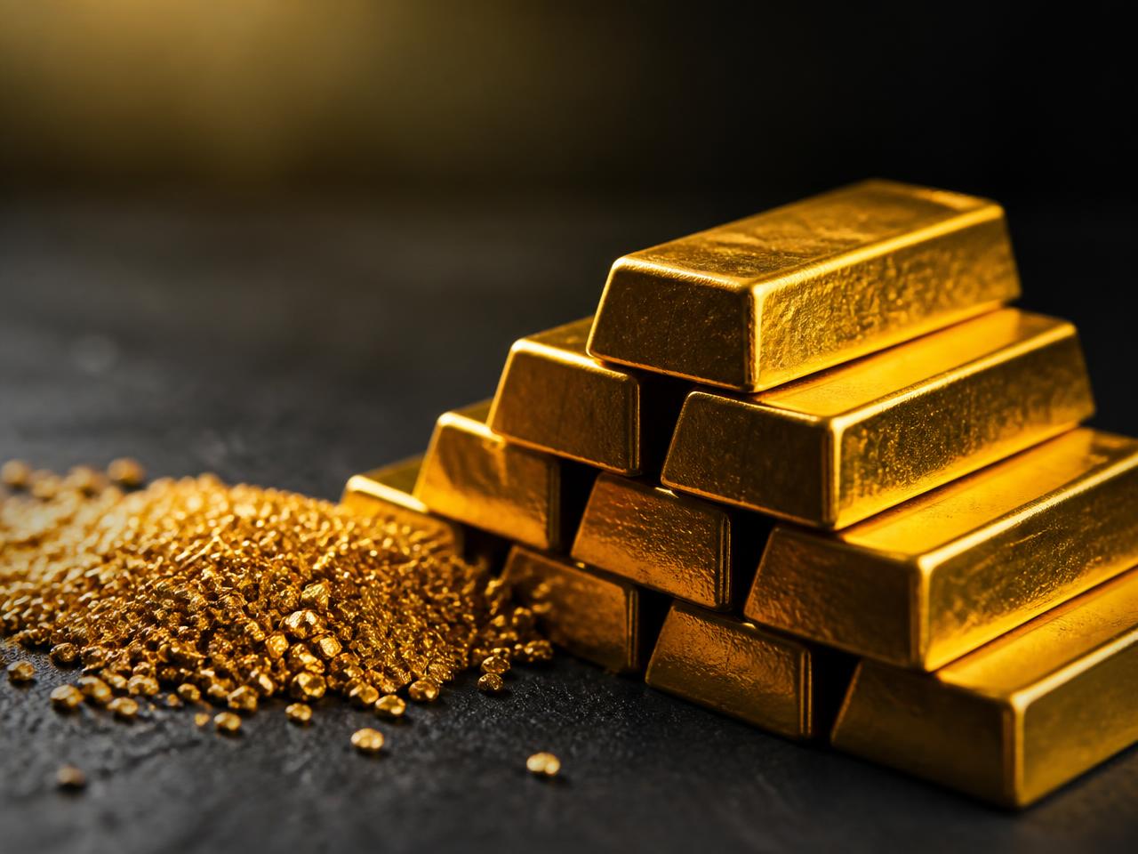 Fine gold bullion bars and gold grain on a dark surface under warm lighting
