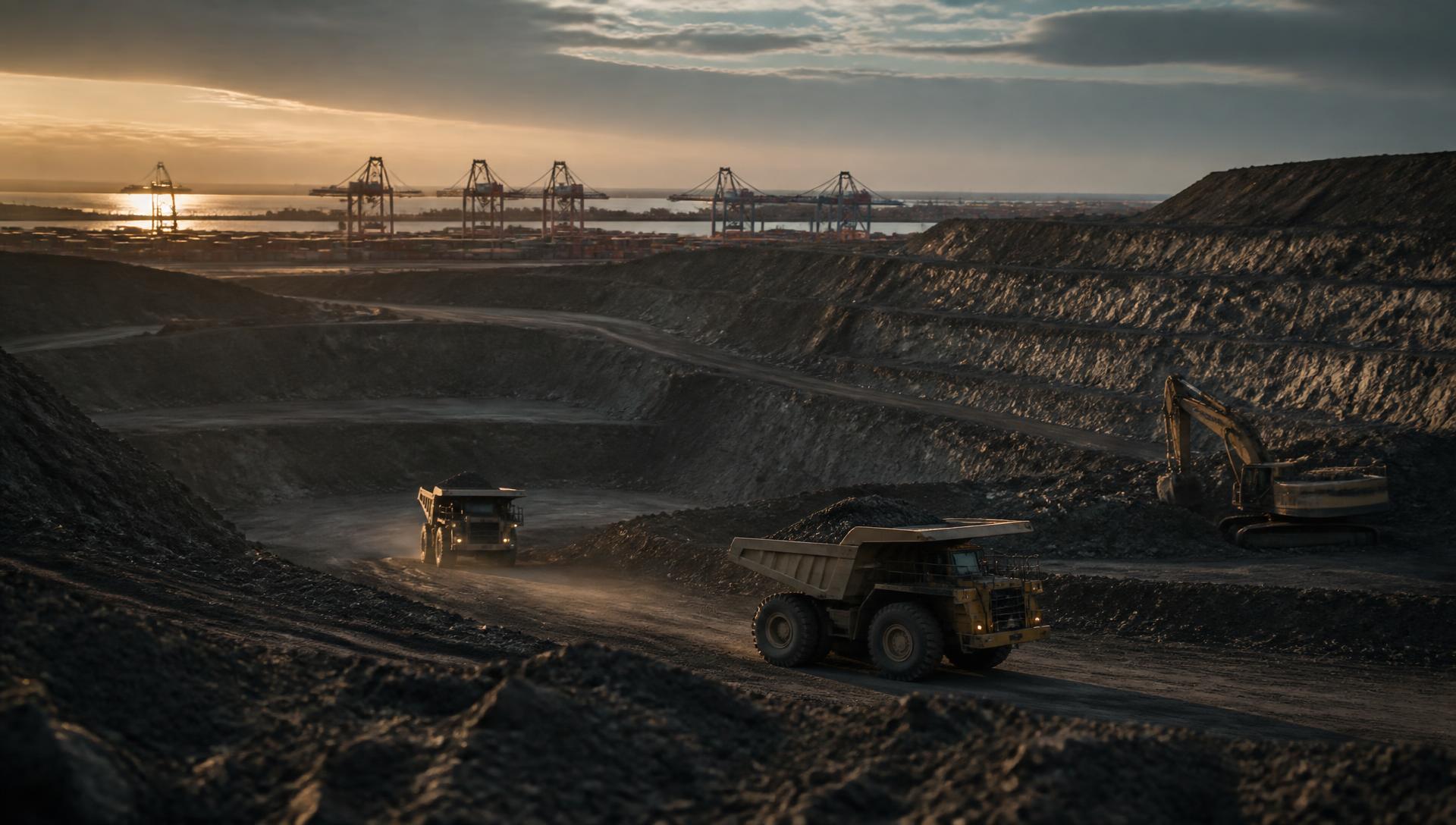 Open-pit mining operation at dusk with haul trucks and a cargo port on the horizon