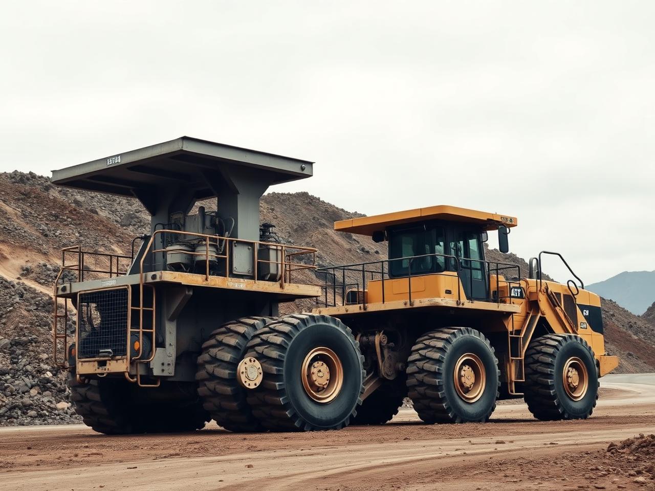 Heavy mining machinery including a haul truck and wheel loader at a quarry site