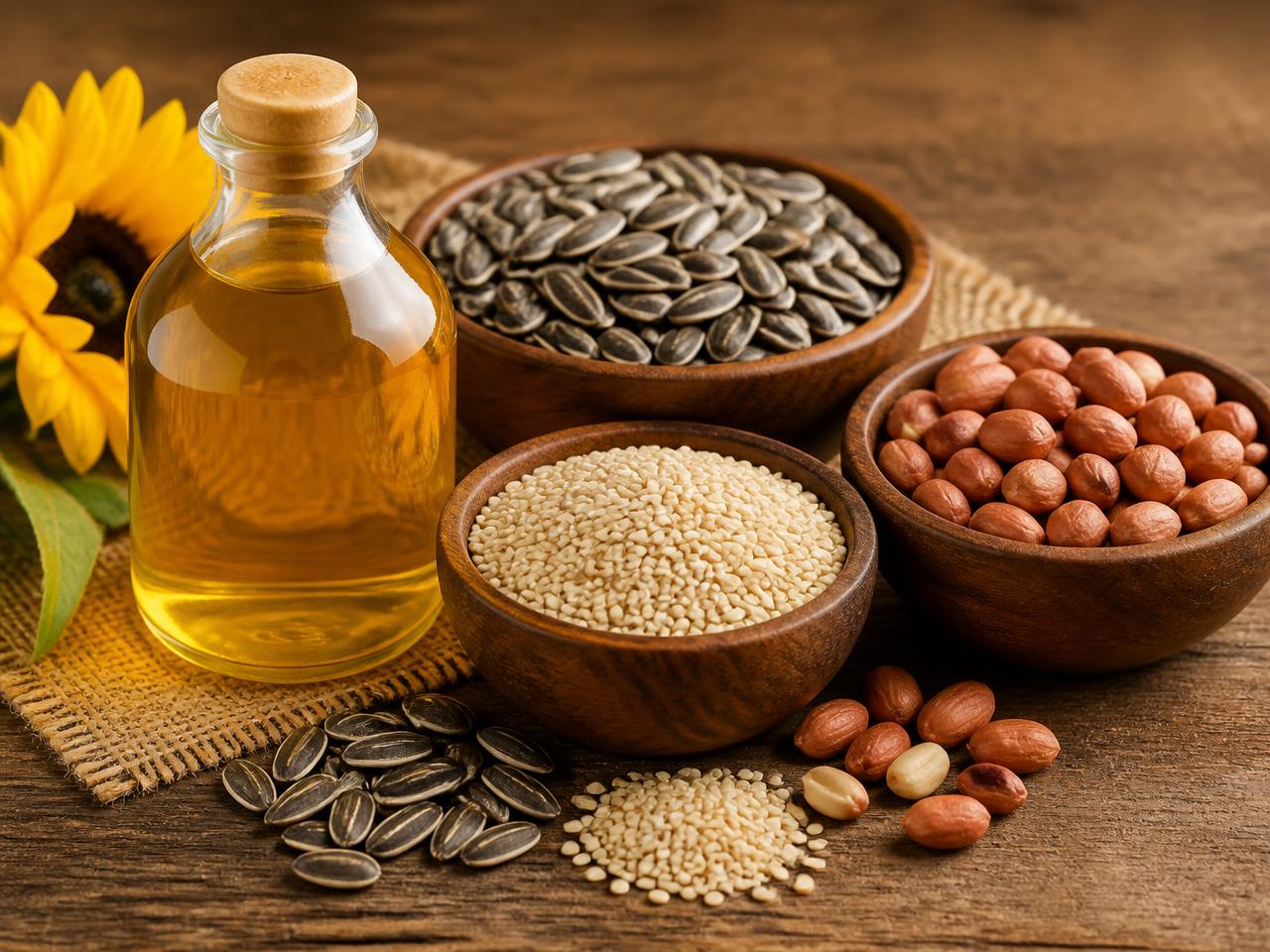 Oilseeds in wooden bowls beside a bottle of vegetable oil