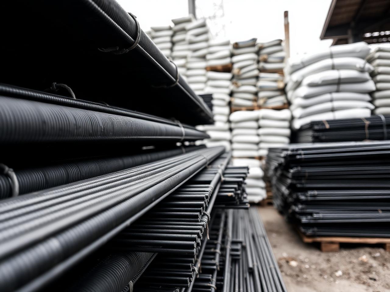 Bundles of steel reinforcement rods stacked at a construction material yard